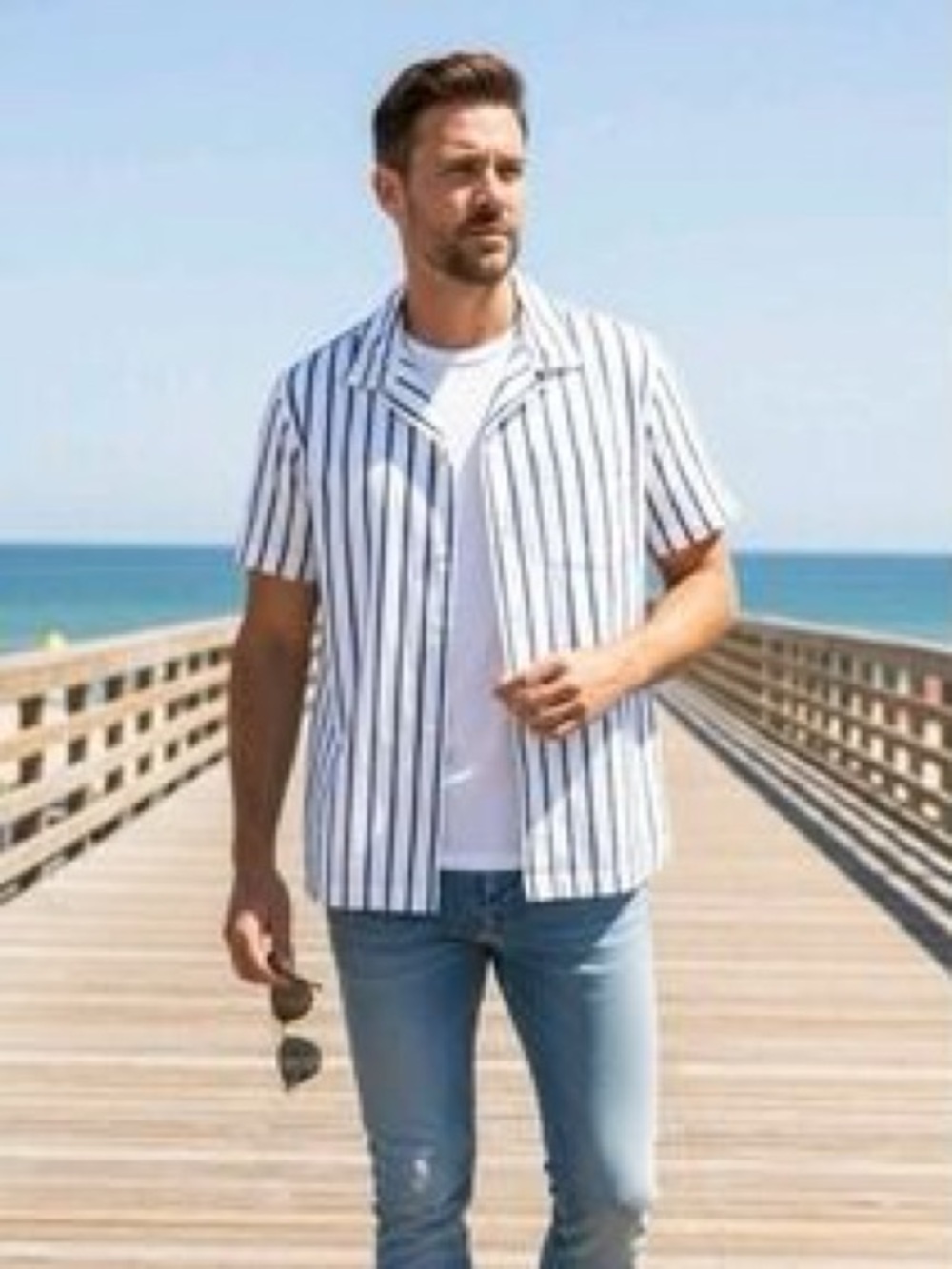Todd Snyder Boucle Striped Cotton Cabana Shirt in White & Blue, Men’s Small